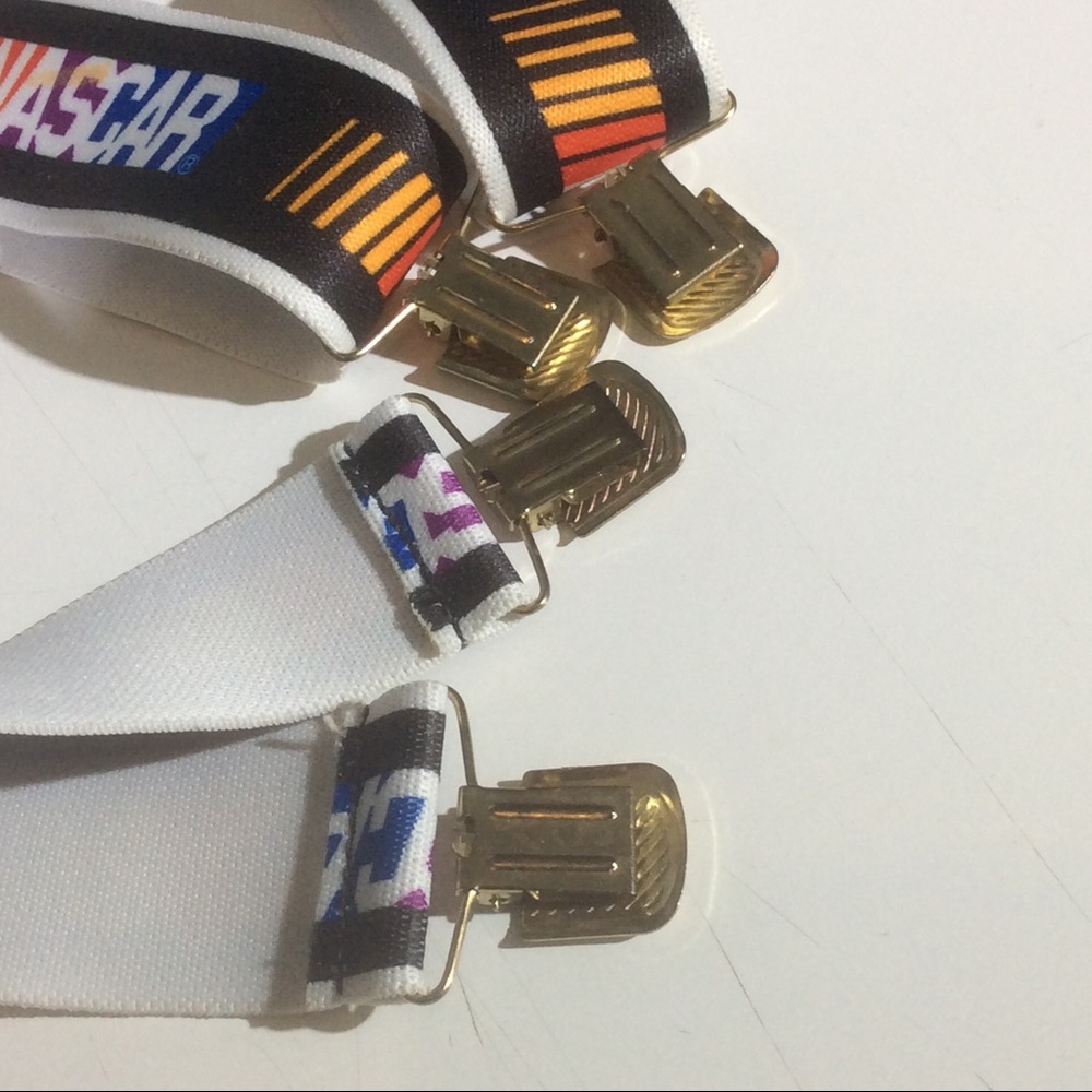 NASCAR Racing Stripes Rainbow Colors Gold Tone Hardware White Suspenders *STAIN - Picture 5 of 6